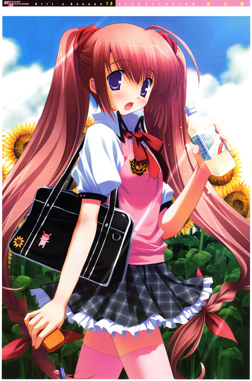:o absurdres ahoge bag blush bottle cellphone cloud copyright_request cowboy_shot day flower from_side hair_ribbon highres holding holding_bottle holding_phone ikegami_akane long_hair looking_at_viewer low-tied_long_hair phone pink_legwear plaid plaid_skirt purple_eyes red_hair ribbon scan school_bag school_uniform skirt sky solo sunflower sunlight sweater_vest thighhighs twintails very_long_hair zettai_ryouiki