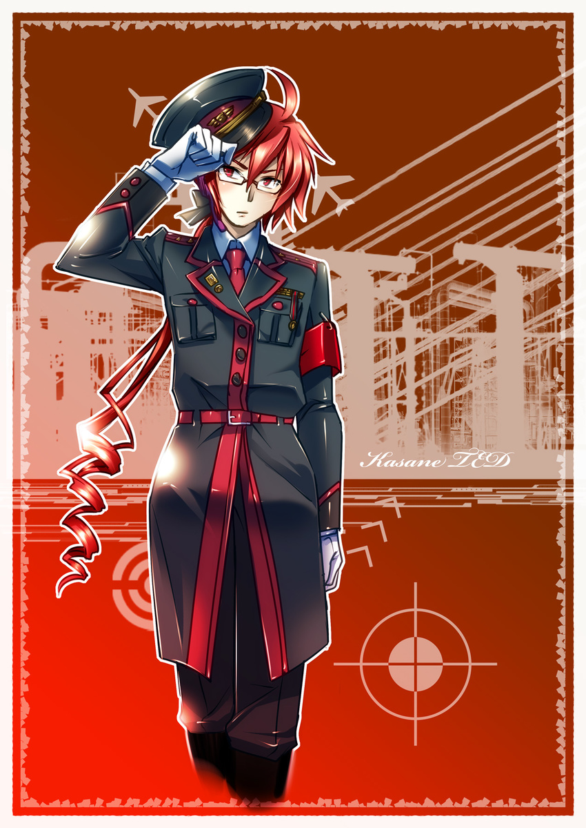 ahoge caffein drill_hair glasses hat highres kasane_ted long_hair male_focus military military_uniform necktie ponytail red_eyes red_hair solo uniform utau