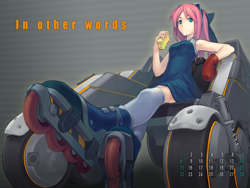 blue_eyes gloves hair_ribbon highres inline_skates juice_box nfb-zmc original pink_hair ribbon roller_skates skates solo thighhighs wallpaper