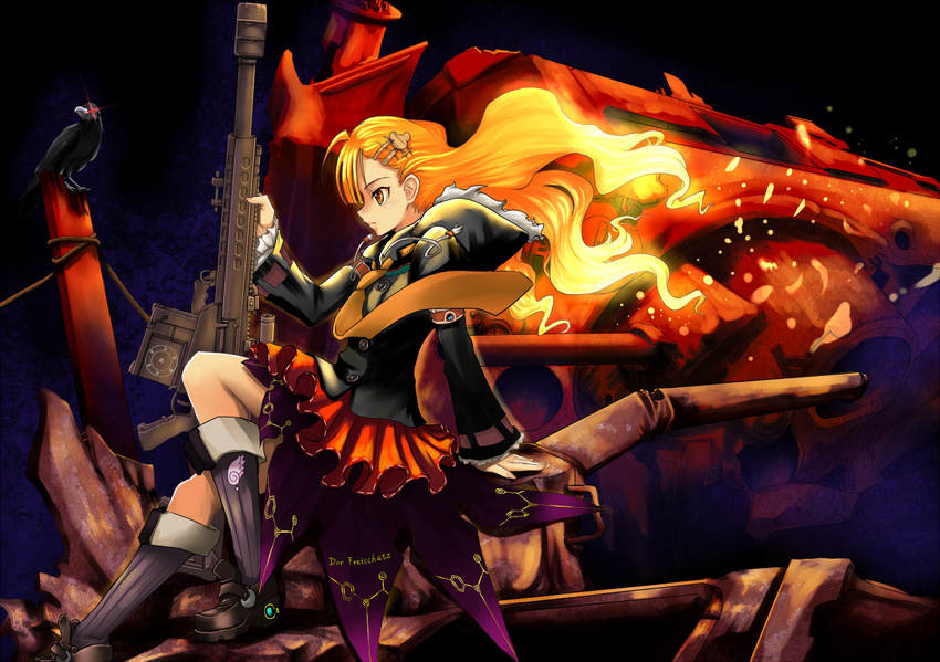 anti-materiel_rifle bird blonde_hair copyright_request crow glowing glowing_hair gun long_hair realmbw rifle sitting sniper_rifle solo weapon yellow_eyes