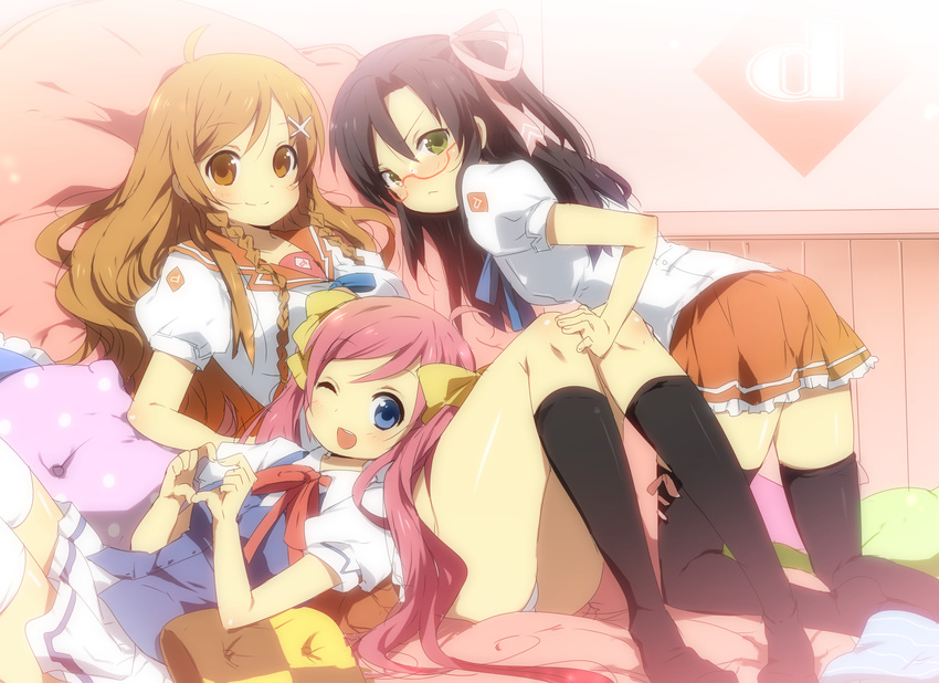 :&lt; absurdres ahoge bed black_hair black_legwear braid brown_hair culture_japan cushion glasses heart heart_hands highres hoshikawa_kanata kl kneehighs logo long_hair lying miniskirt multiple_girls on_back one_eye_closed panties pantyshot pantyshot_(lying) pink_hair school_uniform serafuku skirt socks suenaga_haruka suenaga_mirai thighhighs twin_braids twintails underwear zettai_ryouiki