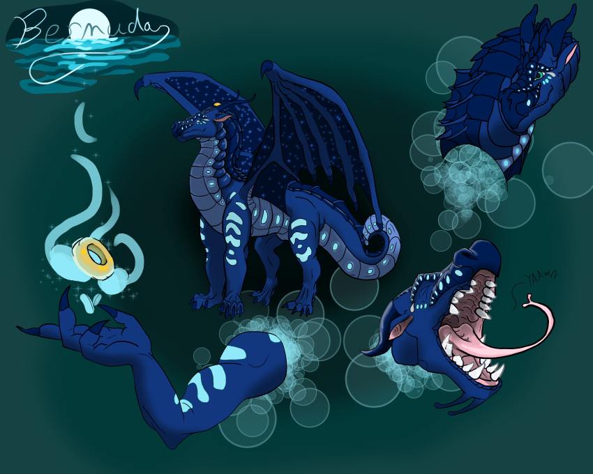 absurd_res bermuda blue_body blue_scales bubble disembodied_hand disembodied_head dragon feral genitals hi_res horn jewelry male onomatopoeia open_mouth ring scales seawing_(wof) smile smoke solo sound_effects teeth text tongue tongue_out universaldragon wings wings_of_fire yawn