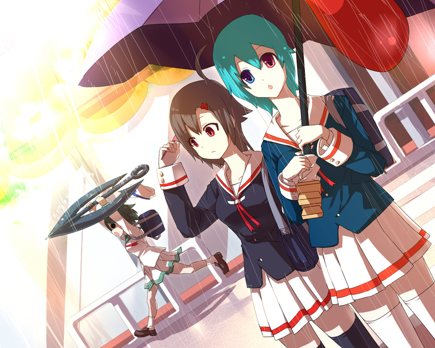 :o ahoge alternate_costume anchor aqua_hair black_hair blue_vert contemporary dutch_angle geta hat heterochromia houjuu_nue karakasa_obake multiple_girls murasa_minamitsu purple_umbrella rain red_eyes running sailor_hat school_uniform shared_umbrella short_hair skirt sunlight tatara_kogasa thighhighs tongue touhou umbrella zettai_ryouiki