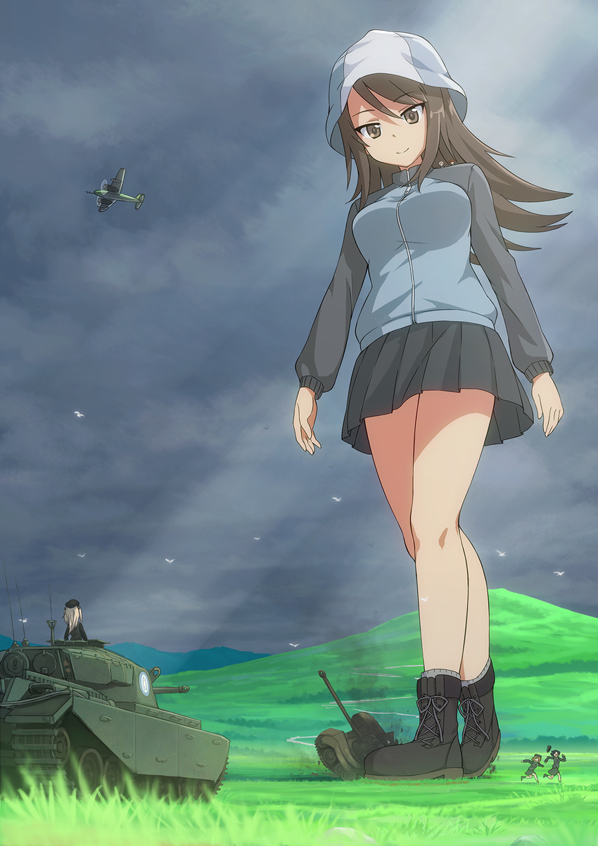 aircraft airplane aki_(girls_und_panzer) ankle_boots beret bird blonde_hair blue_footwear blue_hat blue_jacket blue_skirt boots breasts brown_eyes brown_hair caterpillar_tracks centurion_(tank) commentary_request emblem extra giantess girls_und_panzer grass ground_vehicle hat highres jacket keizoku_military_uniform kuro_oolong light_brown_hair long_hair long_sleeves looking_down m26_pershing medium_breasts mika_(girls_und_panzer) mikko_(girls_und_panzer) military military_uniform military_vehicle miniskirt motor_vehicle mountain multiple_girls pleated_skirt seagull selection_university_(emblem) selection_university_military_uniform shimada_arisu skirt smile tank track_jacket two_side_up uniform