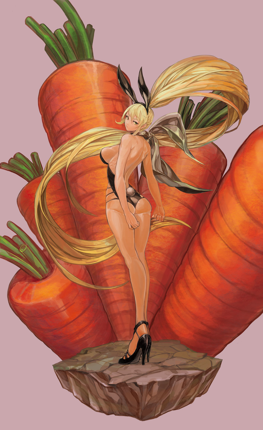 absurdly_long_hair animal_ears arms_behind_back ass back backless_outfit bangs bare_back bare_legs bare_shoulders black_footwear black_leotard blonde_hair breasts bunny_ears bunny_girl bunny_tail bunnysuit carrot closed_mouth eyelashes fake_animal_ears faux_figurine floating_hair food from_behind green_eyes hair_between_eyes head_tilt high_heels highres large_breasts legs_together leotard long_hair long_ponytail looking_at_viewer looking_back no_socks nose original oversized_food oversized_object pink_background ponytail scarf shoes sideboob sidelocks solo standing stiletto_heels strapless strapless_leotard strappy_heels tail tamidro thong_leotard vegetable very_long_hair