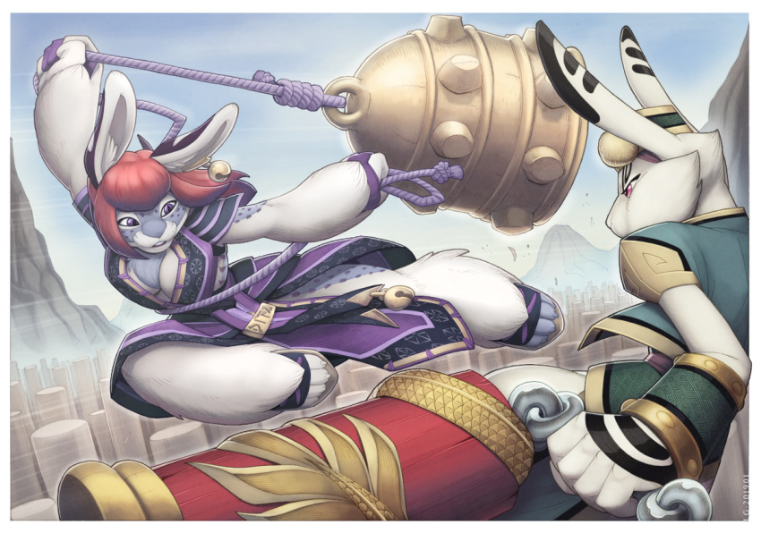 2019 action_pose anthro bell big_breasts border breasts cheek_tuft chest_tuft cleavage clothed clothing detailed_background dress duo ear_piercing felid female fight footwear fur half-closed_eyes holding_object holding_weapon lagomorph loupgarou mammal melee_weapon nikkii nunchaku outside oversized_weapon pantherine piercing pose purple_eyes rabbit sandals smile snow_leopard sparring touzhai tuft weapon white_border zodihavoc_(loupgarou)