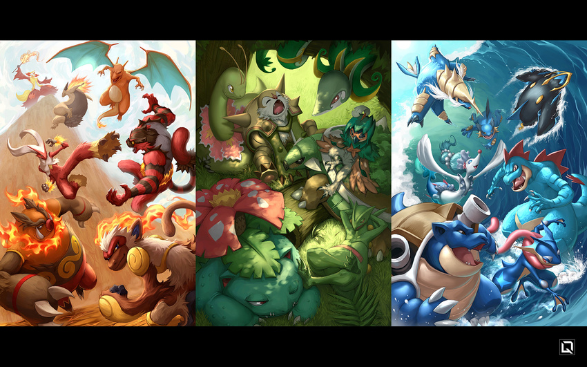 beard blastoise blaziken charizard chesnaught claws cliff decidueye delphox emboar empoleon facial_hair fangs feraligatr fins fire flying_kick gen_1_pokemon gen_2_pokemon gen_3_pokemon gen_4_pokemon gen_5_pokemon gen_6_pokemon gen_7_pokemon grass greninja highres horns incineroar infernape kicking kuroi-tsuki leaf letterboxed looking_at_viewer md5_mismatch meganium no_humans pokemon pokemon_(creature) primarina samurott sceptile serperior shade snout swampert swimming tail_fin torterra tree tree_shade typhlosion venusaur wand water waving wings