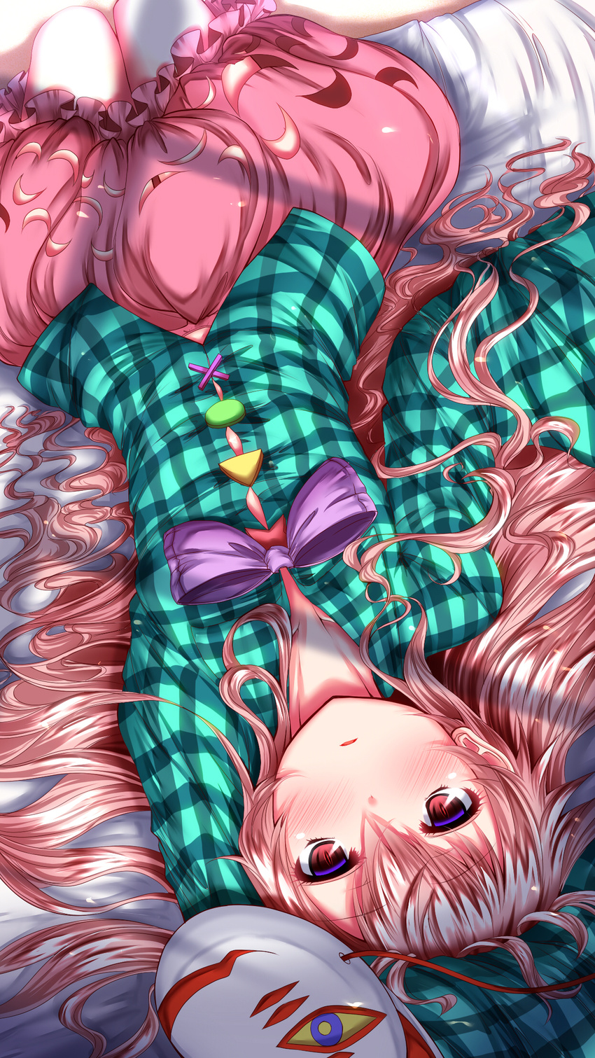 blush bubble_skirt cowboy_shot expressionless fox_mask hata_no_kokoro highres long_hair long_sleeves looking_at_viewer lying mask on_back parted_lips pink_eyes pink_hair plaid plaid_shirt shadow shirt skirt solo touhou upside-down zan_(harukahime)