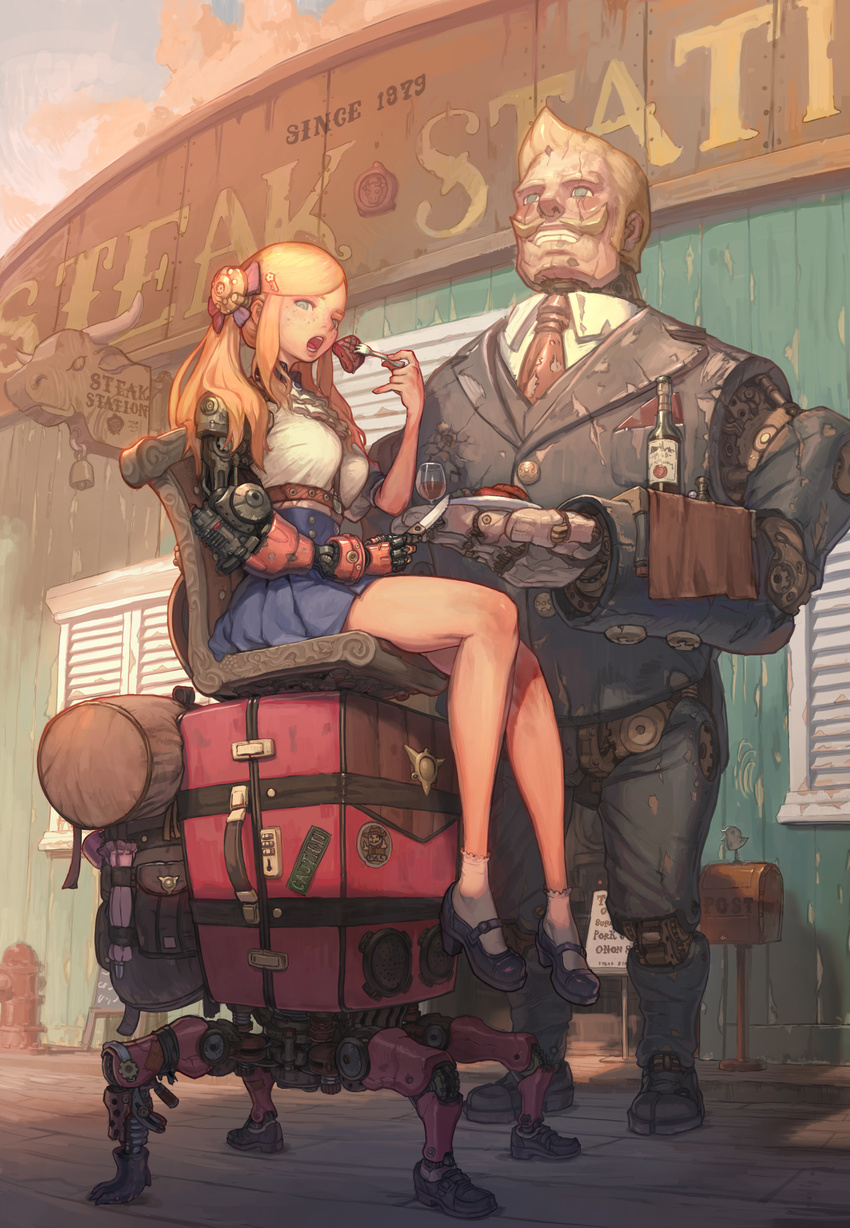 absurdres alcohol blonde_hair blue_eyes breasts chair cup cyborg drinking_glass fire_hydrant food fork freckles highres holding holding_knife knife legs long_hair looking_at_viewer luggage mary_janes mechanical_arm medium_breasts original postbox_(outgoing_mail) prosthesis prosthetic_arm robot shoes sitting steak thighs twintails weltol wine wine_glass