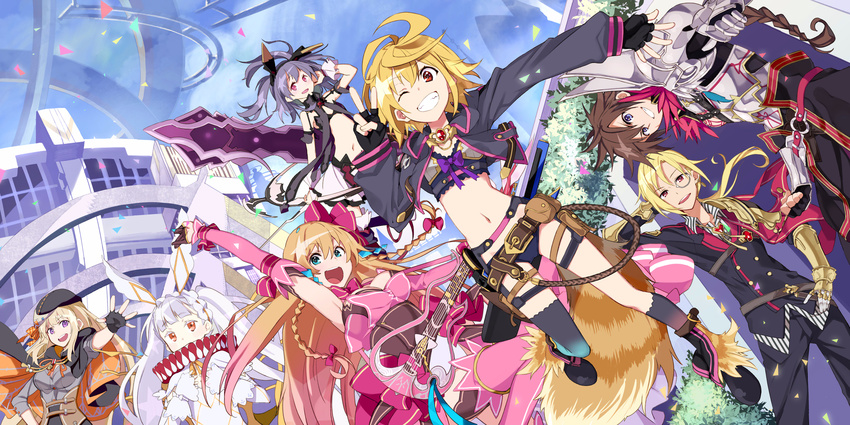 5girls arm_up armor armpits asymmetrical_legwear belt black_bra black_gloves black_hat black_legwear black_panties blonde_hair blue_eyes bra braid brown_hair cape crop_top fingerless_gloves gauntlets gloves grey_eyes grin hair_between_eyes hair_ribbon hand_behind_head hand_in_hair hand_on_hip hat highres jewelry light_brown_hair long_hair looking_at_viewer million_arthur_(series) monocle multiple_boys multiple_girls navel necklace open_mouth orange_eyes outdoors outstretched_arm panties pink_legwear polearm red_eyes ribbon short_hair shoulder_armor silver_hair skirt smile spaulders tail thigh_strap thighhighs underwear ushiki_yoshitaka v weapon white_ribbon white_skirt wolf_tail