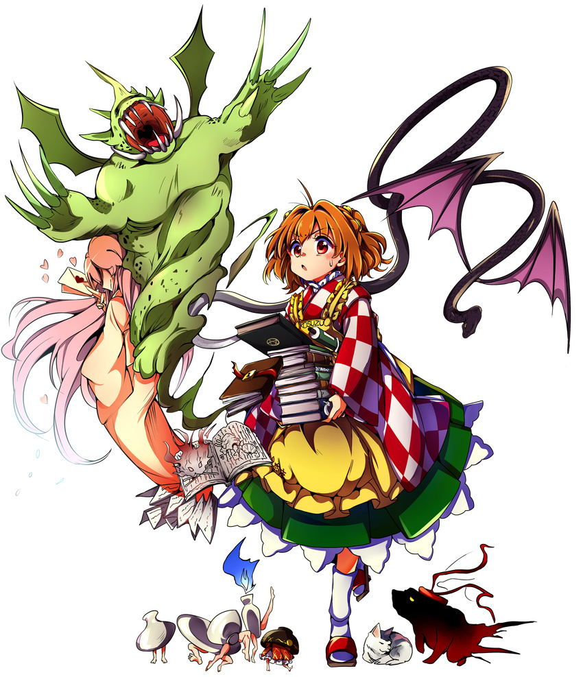 absurdres apron baba_(baba_seimaijo) bell blue_fire book book_stack bow bowl bowl_hat cat character_name checkered clothes_writing commentary_request enenra evil_dragon_(touhou) fire forbidden_scrollery full_body green_skirt hair_bell hair_ornament hat highres japanese_clothes kimono kutsutsura letter long_sleeves love_letter motoori_kosuzu multiple_girls orange_hair pink_hair red_eyes sandals short_hair skirt sukuna_shinmyoumaru tachi-e tokkuri touhou transparent_background tsukumogami twintails white_legwear wide_sleeves yellow_apron