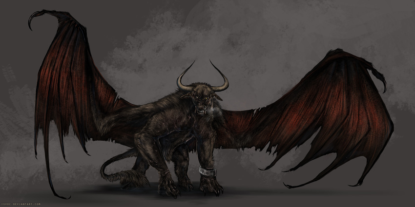 anthro black_fur black_nose bovine curved_horn demon digital_media_(artwork) fur horn isvoc looking_at_viewer male mammal membranous_wings minotaur solo wings