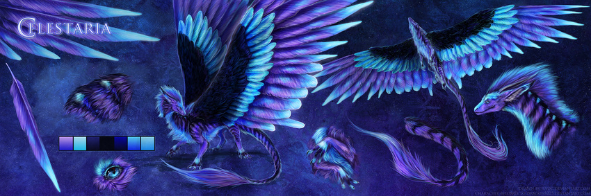 ambiguous_gender black_feathers blue_feathers blue_fur claws digital_media_(artwork) dragon feathered_dragon feathered_wings feathers feral fur furred_dragon isvoc model_sheet nude purple_background purple_feathers purple_fur simple_background solo standing wings