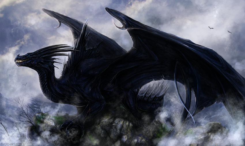 ambiguous_gender black_scales claws day detailed_background digital_media_(artwork) dragon feral horn isvoc membranous_wings open_mouth outside scales sky solo spines teeth wings