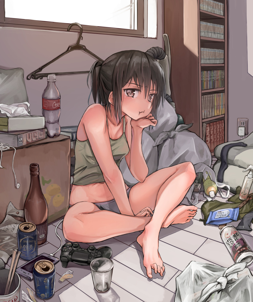 :i arm_support bag bangs barefoot beer_can black_hair bookshelf bottle breasts brown_eyes camisole can cellphone chin_rest chopsticks clothes_hanger commentary_request controller cup cup_ramen drinking_glass dualshock earphones_removed electric_plug feet full_body game_controller gamepad grey_panties head_rest highres indian_style indoors instant_ramen kabayaki_namazu kantai_collection looking_at_viewer messy_room navel on_floor panties phone plastic_bag pout sendai_(kantai_collection) sitting small_breasts smartphone socks_removed soda_bottle solo spray_bottle tank_top tissue_box toes underwear underwear_only vacuum_cleaner window