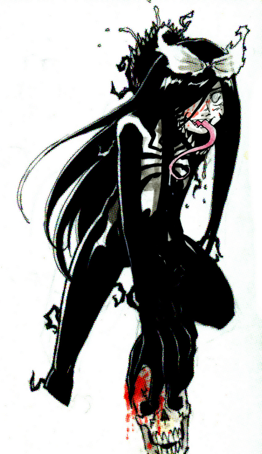 artist_name artist_request black_hair blood blood_on_face bloody_hands breasts commentary english_commentary eyebrows_visible_through_hair female genderswap genderswap_(mtf) hair_between_eyes hair_ribbon highres humanization long_hair long_tongue looking_at_viewer marvel monster_girl multiple_girls personification pose ribbon ring_eyes saliva sharp_teeth simple_background skeleton smile smile_face solo somersaultdropkick_(artist) spider-man_(series) symbiote symbol teeth tongue tongue_out venom venom_(marvel) very_long_hair white_background yandere