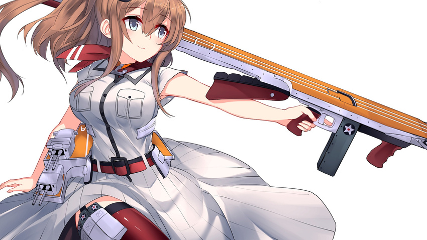 anchor armpit_peek belt blouse breast_pocket breasts dress eyebrows eyebrows_visible_through_hair flight_deck foregrip garter_straps grey_eyes hair_between_eyes highres jun_project kantai_collection large_breasts looking_to_the_side magazine_(weapon) neckerchief pocket ponytail red_hair red_legwear red_neckwear roundel saratoga_(kantai_collection) simple_background smile solo striped striped_dress thighhighs trigger_discipline turret white_background white_blouse white_dress