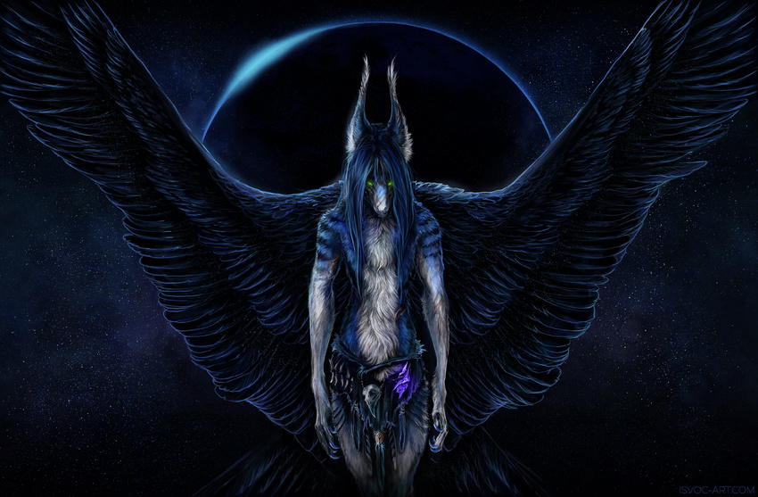 anthro black_feathers blue_fur blue_hair claws clothed clothing digital_media_(artwork) feathered_wings feathers female fur green_eyes hair isvoc mammal night outside planet standing topless white_fur wings