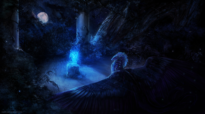 ambiguous_gender blue_feathers blue_fur digital_media_(artwork) dragon feathered_dragon feathered_wings feathers fur furred_dragon isvoc moon night outside sky solo standing star starry_sky wings