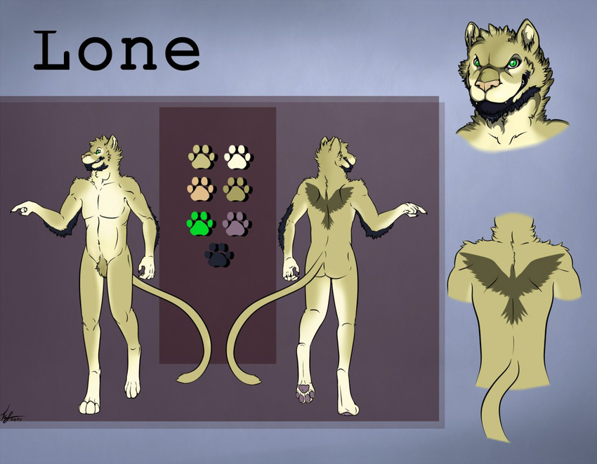 2013 anthro beard claws digital_media_(artwork) facial_hair fefairy feline fur green_eyes grin hair invalid_tag lion lonewerwulf lonewolfdiconis looking_at_viewer male mammal model_sheet muscular nude simple_background smile solo standing tattoo teeth