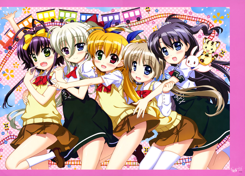 :d absurdres antenna_hair arm_up asteion black_hair black_skirt blonde_hair blue_eyes blue_ribbon bow bowtie brown_skirt corona_timir einhart_stratos eyebrows eyebrows_visible_through_hair fang fujima_takuya girl_sandwich green_eyes hair_between_eyes hair_ribbon heterochromia highres leg_up light_brown_hair long_hair looking_at_viewer lyrical_nanoha mahou_shoujo_lyrical_nanoha mahou_shoujo_lyrical_nanoha_vivid multiple_girls open_mouth pleated_skirt purple_eyes red_bow red_eyes ribbon rio_wezley sacred_heart sandwiched scan school_uniform shirt skirt smile st._hilde_academy_of_magic_uniform thighhighs vivio white_legwear white_ribbon white_shirt yellow_ribbon yumina_enclave zettai_ryouiki