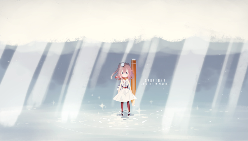 artist_name ascot character_name cloud dated dress flight_deck highres kantai_collection light_beam long_hair pantyhose pink_hair predict red_legwear saratoga_(kantai_collection) side_ponytail solo sparkle standing white_dress