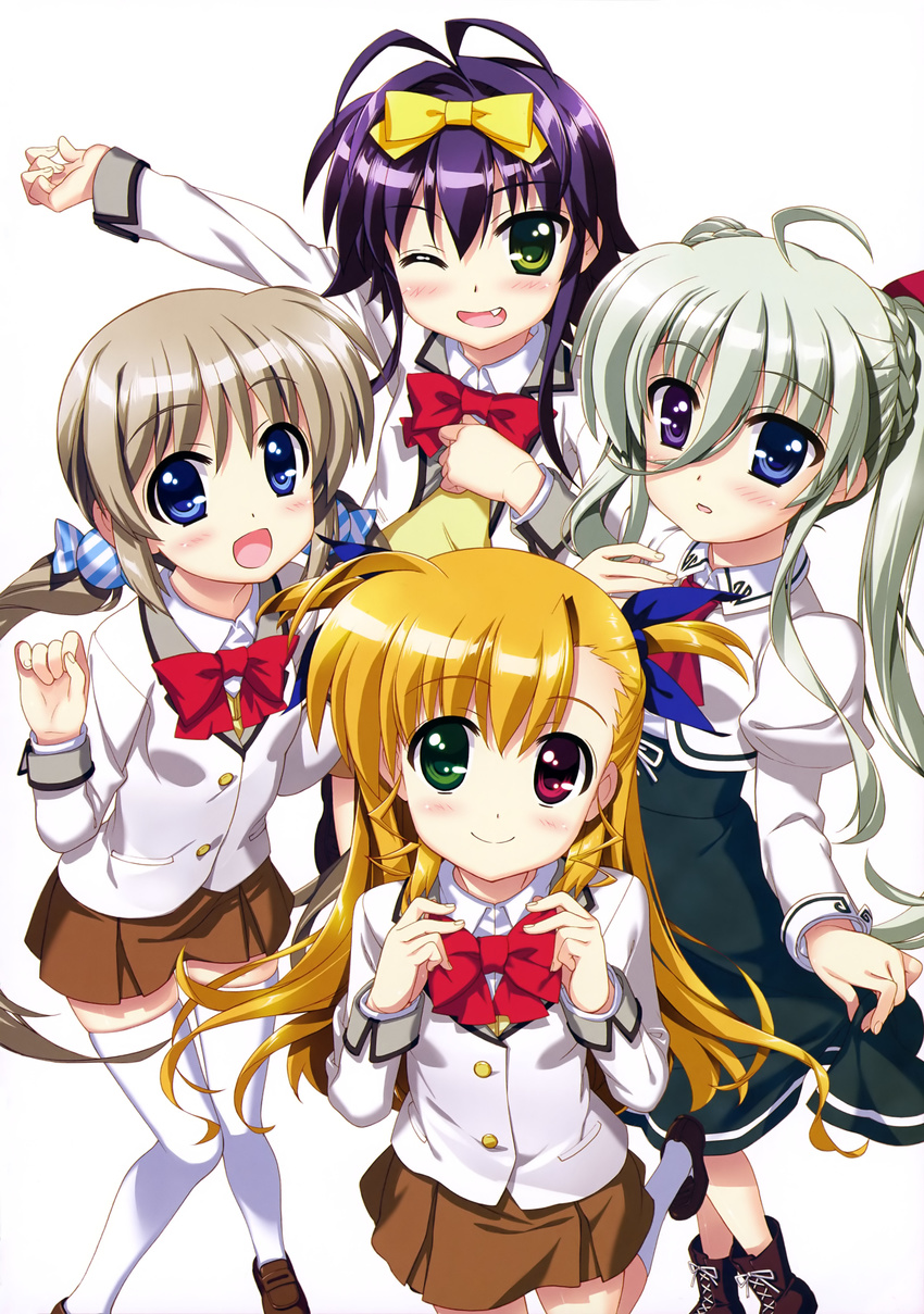 :d ;d absurdres antenna_hair arm_up black_skirt blonde_hair blue_eyes blue_ribbon bow bowtie brown_skirt closed_mouth corona_timir einhart_stratos eyebrows eyebrows_visible_through_hair fang fujima_takuya green_eyes hair_between_eyes hair_bow hair_ribbon highres leg_up light_brown_hair long_hair lyrical_nanoha mahou_shoujo_lyrical_nanoha mahou_shoujo_lyrical_nanoha_vivid multiple_girls one_eye_closed open_mouth pleated_skirt purple_eyes purple_hair red_bow red_eyes ribbon rio_wezley scan school_uniform silver_hair simple_background skirt skirt_hold smile st._hilde_academy_of_magic_uniform striped thighhighs twintails two_side_up vivio white_background white_legwear white_ribbon yellow_bow zettai_ryouiki