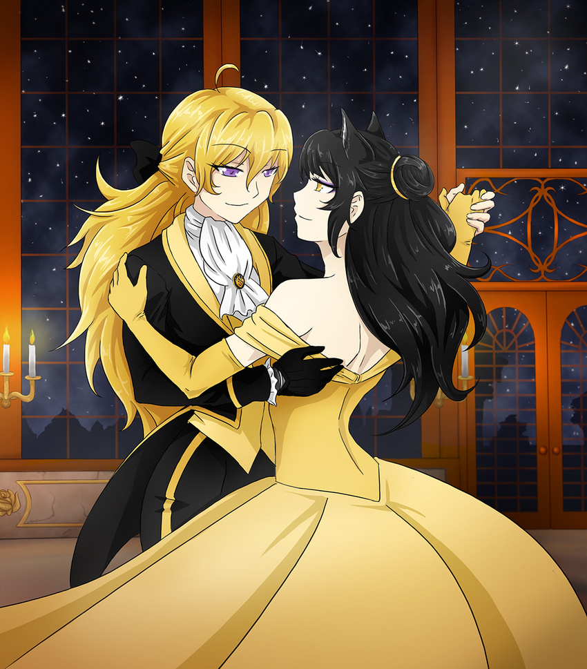 2girls ahoge alternate_costume animal_ears automail back bare_back bare_shoulders beast_(disney) beast_(disney)_(cosplay) beauty_and_the_beast belle belle_(disney) belle_(disney)_(cosplay) black_gloves black_hair blake_belladonna blonde_hair candle candlelight cat_ears cosplay couple crossover dancing disney door dress elbow_gloves eyeshadow female formal gloves hair_between_eyes hair_bun half-closed_eyes half_updo hand_holding highres indoors long_hair looking_at_each_other makeup multiple_girls mutual_yuri neck night night_sky nighttime off-shoulder_dress parody prosthetic_arm purple_eyes rwby single_glove sky standing style_parody suit window yang_xiao_long yaya_(y8ay8a) yellow_dress yellow_eyes yellow_gloves yuri