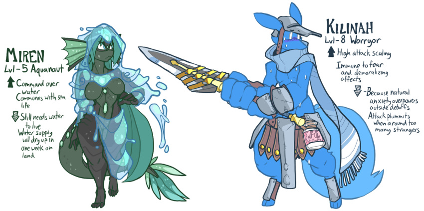 anthro armor blue_skin blush bottle breasts canid canine claws clothing ear_fins featureless_breasts featureless_crotch female fin fox gem glowing green_hair hair jintonic kili_(kilinah) male mammal marine melee_weapon merfolk miren scalie scarf sweat sword text water weapon webbed_hands