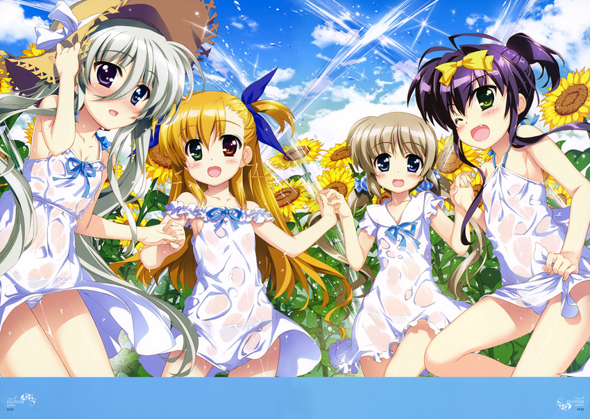 :d ;d absurdres antenna_hair blonde_hair blue_eyes blue_ribbon blush bow breasts cloud cloudy_sky collarbone corona_timir cowboy_shot day dress einhart_stratos fang flat_chest flower fujima_takuya green_eyes hair_between_eyes hair_bow hair_ribbon hat heterochromia highres holding_hands interlocked_fingers light_brown_hair long_hair lyrical_nanoha mahou_shoujo_lyrical_nanoha multiple_girls neck_ribbon one_eye_closed open_mouth outdoors panties purple_eyes red_eyes ribbon rio_wezley scan see-through silver_hair sky small_breasts smile straw_hat sun_hat sundress sunflower twintails two_side_up underwear vivio water wet wet_clothes wet_dress white_dress white_panties yellow_bow