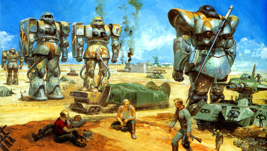 80s aircraft army bald blonde_hair boots box camouflage cannon canopy climbing cloud cockpit container damaged day desert desert_pattern dom eating epic fat fortress ground_vehicle gun gundam lying manly mecha military military_uniform military_vehicle mobile_suit_gundam motor_vehicle multiple_boys muscle non-web_source officer oldschool on_back pot realistic repairing resting sand science_fiction shield sitting smoke soap soldier spikes spoon submachine_gun sword takani_yoshiyuki tank tank_top tarpaulin tasting tent traditional_media truck turret uniform walking war weapon zaku_ii zeon