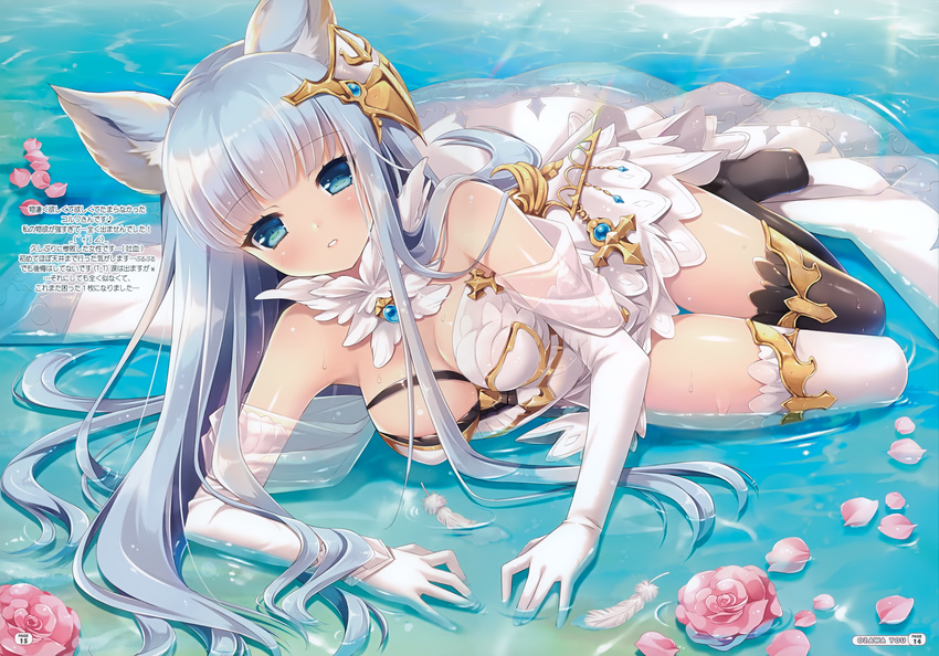 absurdres animal_ears asymmetrical_legwear blue_eyes blue_hair breasts cat_ears cleavage elbow_gloves erune eyebrows eyebrows_visible_through_hair flower gloves granblue_fantasy highres huge_filesize korwa large_breasts long_hair looking_at_viewer ozawa_yuu parted_lips partially_submerged petals pink_flower see-through solo thighhighs water white_gloves