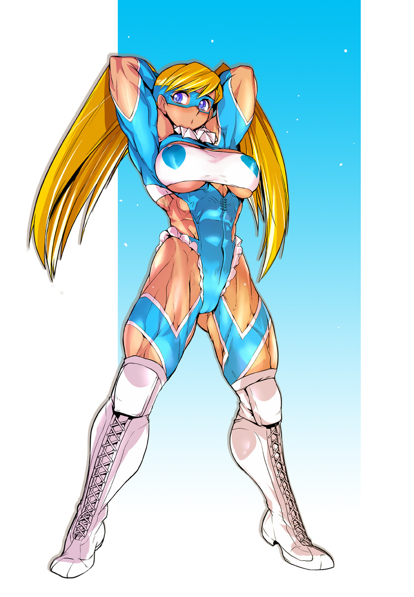 1girl 90s abs armpits arms_up athletic blonde_hair blue_eyes blush boots breasts cameltoe capcom ez6 female heart highres knee_boots knee_pads large_breasts leotard long_hair mask muscle rainbow_mika slender_waist solo street_fighter street_fighter_zero street_fighter_zero_(series) street_fighter_zero_3 thick_thighs thighs toned twintails underboob wrestling_outfit