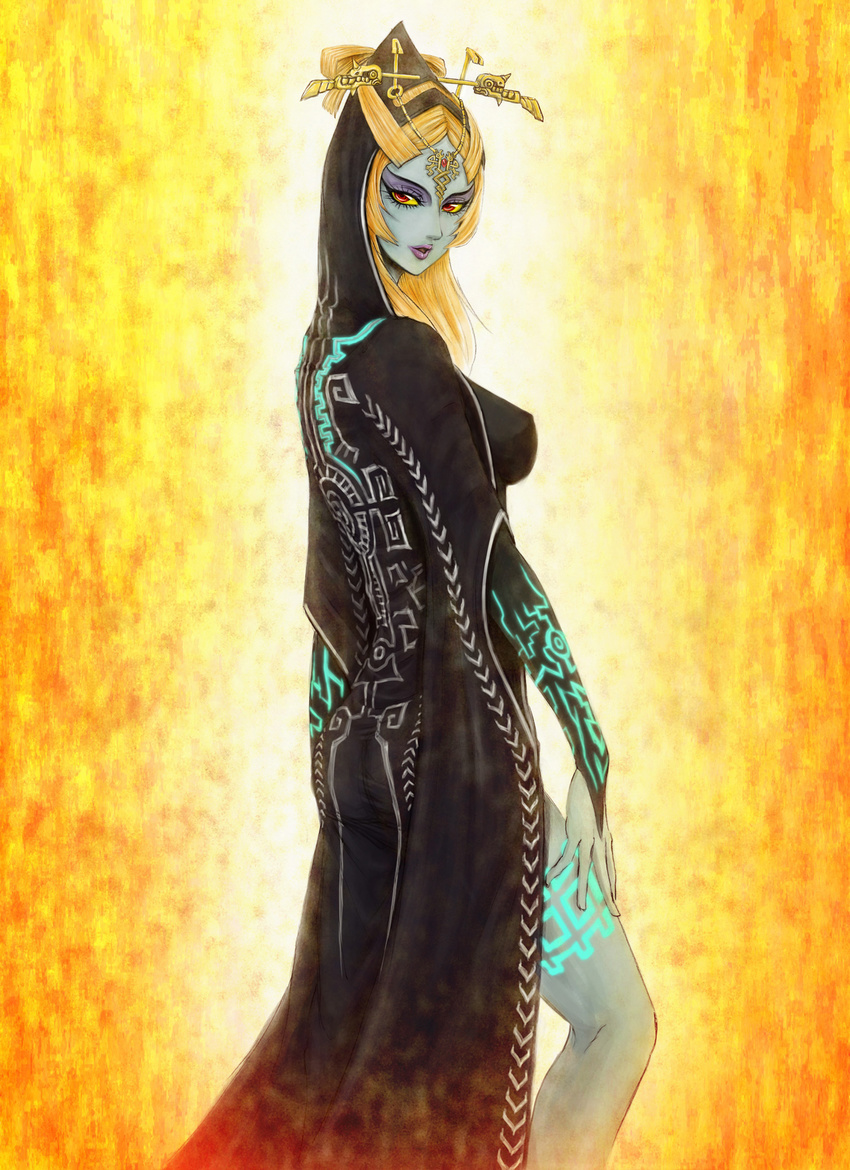 bekio blonde_hair blue_skin breasts covered_nipples eyebrows eyelashes eyeliner from_side headwear highres hood makeup medium_breasts midna midna_(true) parted_lips perky_breasts red_eyes robe solo tattoo the_legend_of_zelda the_legend_of_zelda:_twilight_princess yellow_sclera