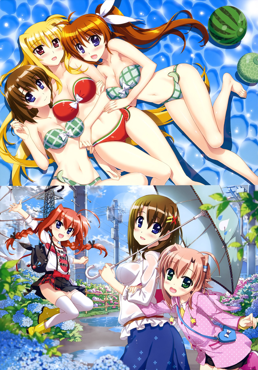 :d absurdres arm_up barefoot bikini black_ribbon black_skirt blonde_hair blue_eyes blue_flower blue_skirt bow breasts brown_hair cleavage collarbone day eyebrows eyebrows_visible_through_hair fate_testarossa flower food from_above fruit fujima_takuya girl_sandwich green_bikini groin hair_ornament hair_ribbon hairclip hand_on_own_stomach high_ponytail highres holding holding_umbrella jumping large_breasts long_hair looking_at_viewer low-tied_long_hair lying lyrical_nanoha mahou_shoujo_lyrical_nanoha mahou_shoujo_lyrical_nanoha_a's mahou_shoujo_lyrical_nanoha_vivid miura_rinaldi multiple_girls navel on_back open_mouth outdoors pink_hair pleated_skirt red_eyes red_hair ribbon sandwiched scan shirt short_hair skirt smile star strapless strapless_bikini swimsuit takamachi_nanoha thighhighs twintails umbrella very_long_hair vita watermelon wet wet_clothes wet_shirt white_bow white_legwear white_ribbon white_shirt yagami_hayate