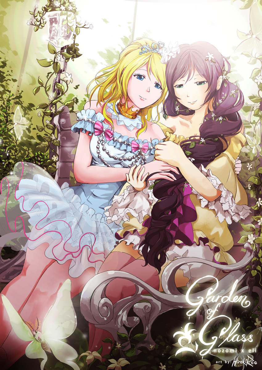 absurdres artist_name ayase_eli bangs bare_shoulders bench blonde_hair bloomers blue_eyes bow brown_hair bug butterfly chain character_name collarbone commentary dress english eyebrows eyebrows_visible_through_hair flower frills garden glowing green_eyes hair_flower hair_ornament hair_over_shoulder hair_vines highres hiroki_ree holding_hands insect jewelry leaf leaf_on_head long_hair looking_down love_live! love_live!_school_idol_project luna_moth multiple_girls pink_bow pink_legwear plant see-through shade signature sitting smile striped striped_bow sunlight swing thighhighs tiara tied_hair toujou_nozomi underwear very_long_hair vines