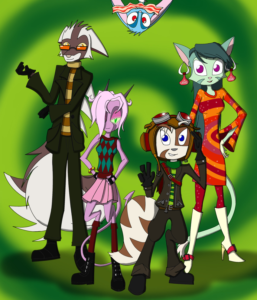 2016 anthro bacon bast_(dreamkeepers) blue_eyes blue_fur breasts clothed clothing cosplay dreamkeepers dress eyewear female food fur glasses goggles green_eyes green_fur green_hair group hair halloween holidays leokingdom10 lilith_calah mace_(dreamkeepers) male namah_calah pink_hair psychonauts raz_(psychonauts) skirt video_games whip_(dreamkeepers)