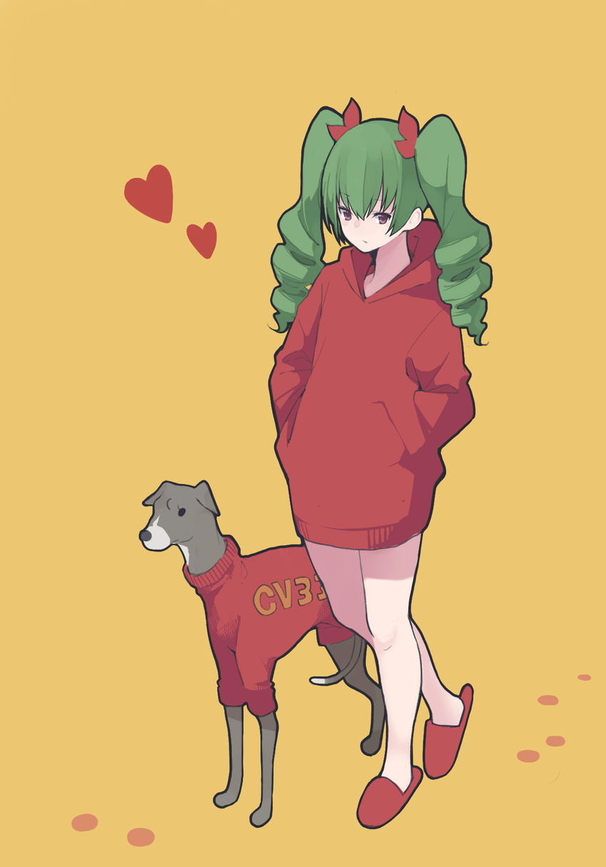 akagawa007 anchovy animal bad_id bad_pixiv_id bangs bare_legs casual closed_mouth clothed_animal clothes_writing dog drill_hair eyebrows eyebrows_visible_through_hair full_body girls_und_panzer green_hair hair_between_eyes hair_ribbon hands_in_pocket heart highres hood hoodie long_hair long_sleeves red_eyes ribbon simple_background slippers sweater twin_drills twintails walking