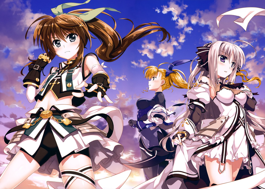 absurdres bare_shoulders belt bike_shorts black_gloves blonde_hair bodysuit breasts brown_hair buckle cloud crop_top detached_sleeves elbow_gloves faulds fingerless_gloves frown fujima_takuya fuuka_reventon gloves grey_eyes hair_ribbon highres jacket large_breasts long_hair lyrical_nanoha midriff multiple_girls navel off_shoulder official_art ponytail purple_eyes red_eyes ribbon rinne_berlinetta scan shiny shiny_hair side_ponytail sidelocks silver_hair skirt sky thigh_strap vest vivid_strike! vivio