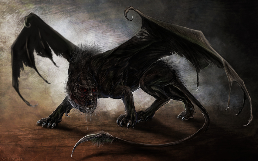 ambiguous_gender claws demon digital_media_(artwork) feral isvoc manticore membranous_wings open_mouth red_eyes solo standing teeth wings