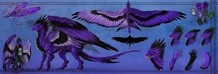 anthro black_feathers black_fur blue_background claws clothed clothing digital_media_(artwork) dragon feathered_dragon feathers feral fur furred_dragon isvoc male nude open_mouth purple_feathers purple_fur simple_background standing teeth