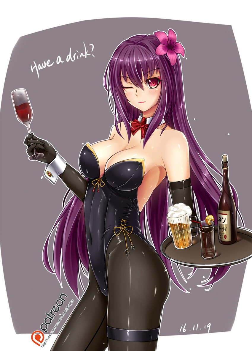 alcohol bare_shoulders beer beer_mug black_legwear breasts cleavage collarbone contrapposto covered_navel cup dated detached_collar elbow_gloves english fate/grand_order fate_(series) flower foam glass gloves hair_flower hair_ornament highleg highleg_leotard highres holding holding_cup large_breasts leotard long_hair looking_at_viewer midnight_(banyex) one_eye_closed pantyhose patreon_logo patreon_username playboy_bunny_leotard red_eyes scathach_(fate)_(all) scathach_(fate/grand_order) simple_background smile solo standing thigh_strap type-moon watermark web_address winde wrist_cuffs