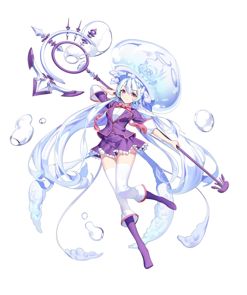 boots bow bubble frilled_skirt frills full_body highres jellyfish long_hair looking_at_viewer original personification purple_eyes ronopu skirt smile solo staff standing standing_on_one_leg thighhighs very_long_hair white_hair white_legwear zettai_ryouiki