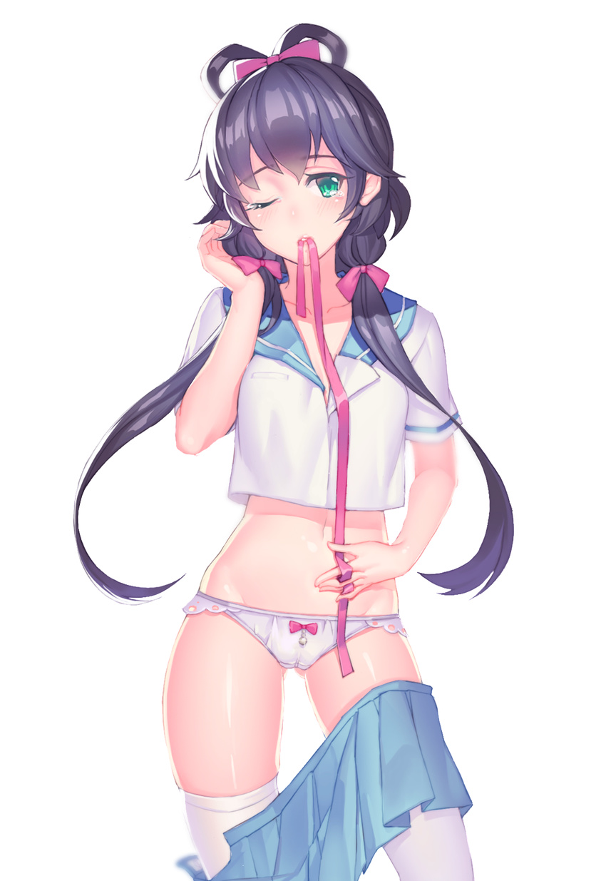 ass_visible_through_thighs black_hair blue_skirt bow bow_panties breasts cameltoe contrapposto crop_top crop_top_overhang fiodo green_eyes hair_ribbon hair_rings highres long_hair looking_at_viewer low_twintails luo_tianyi mouth_hold navel no_pants one_eye_closed panties pink_ribbon pleated_skirt ribbon ribbon_in_mouth school_uniform serafuku shiny shiny_skin skindentation skirt skirt_pull small_breasts solo standing tears thighhighs transparent_background twintails underwear undressing vocaloid vocanese white_legwear white_panties