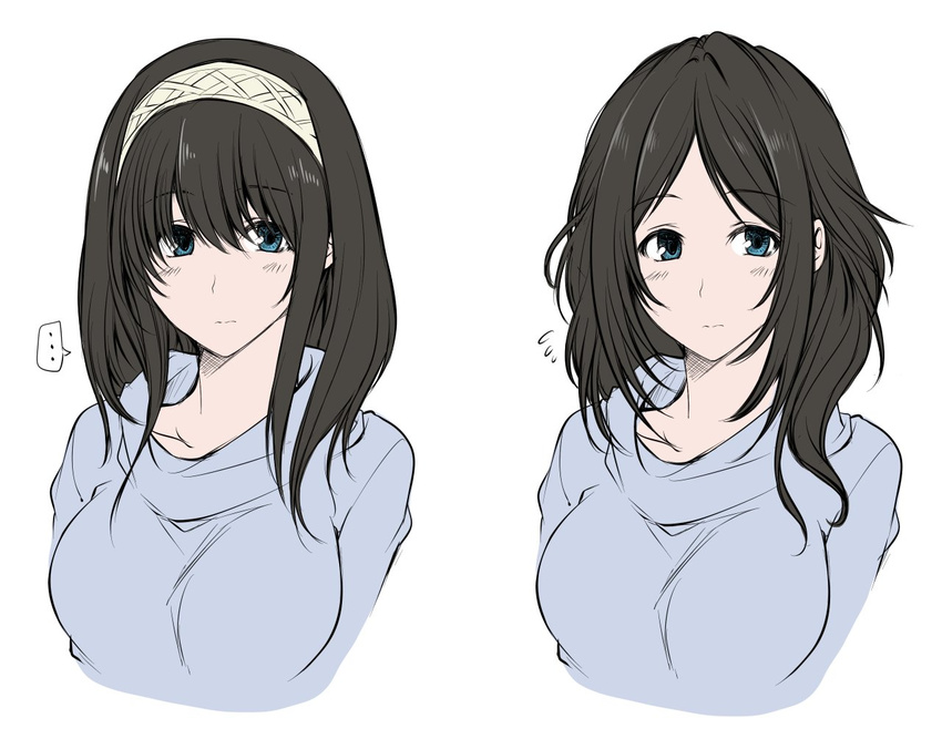 1girl alternate_hairstyle bangs black_hair blue_eyes blue_sweater collarbone flying_sweatdrops hagane_soushi headband idolmaster idolmaster_cinderella_girls multiple_views no_hairband parted_bangs sagisawa_fumika spoken_ellipsis sweater