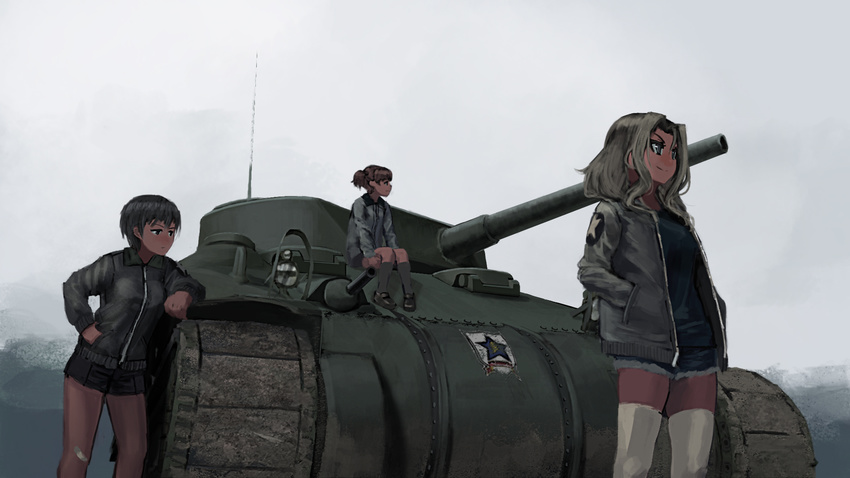 alisa_(girls_und_panzer) arm_support black_hair blonde_hair blue_shorts blurry brown_hair caterpillar_tracks cutoffs denim denim_shorts emblem furukawa_herzer girls_und_panzer ground_vehicle hand_in_pocket highres kay_(girls_und_panzer) long_hair looking_to_the_side m4_sherman military military_uniform military_vehicle motor_vehicle multiple_girls naomi_(girls_und_panzer) outdoors saunders_(emblem) saunders_military_uniform short_hair short_shorts short_twintails shorts sitting sky smile tank thighhighs twintails uniform