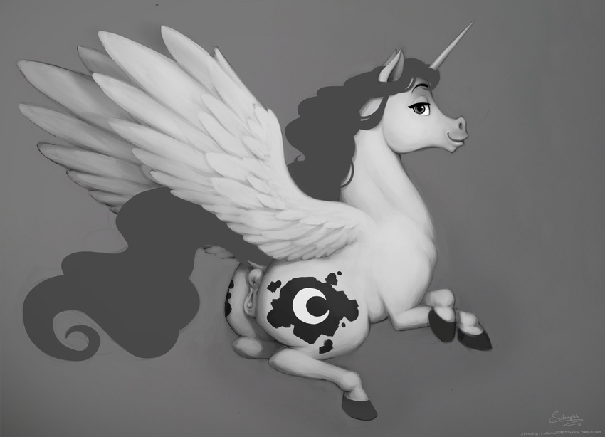 2016 anatomically_correct anatomically_correct_pussy animal_genitalia animal_pussy anus butt cutie_mark equine equine_pussy feathered_wings feathers female friendship_is_magic greyscale hair hi_res horn looking_at_viewer mammal monochrome my_little_pony princess_cadance_(mlp) pussy selenophile smile solo winged_unicorn wings