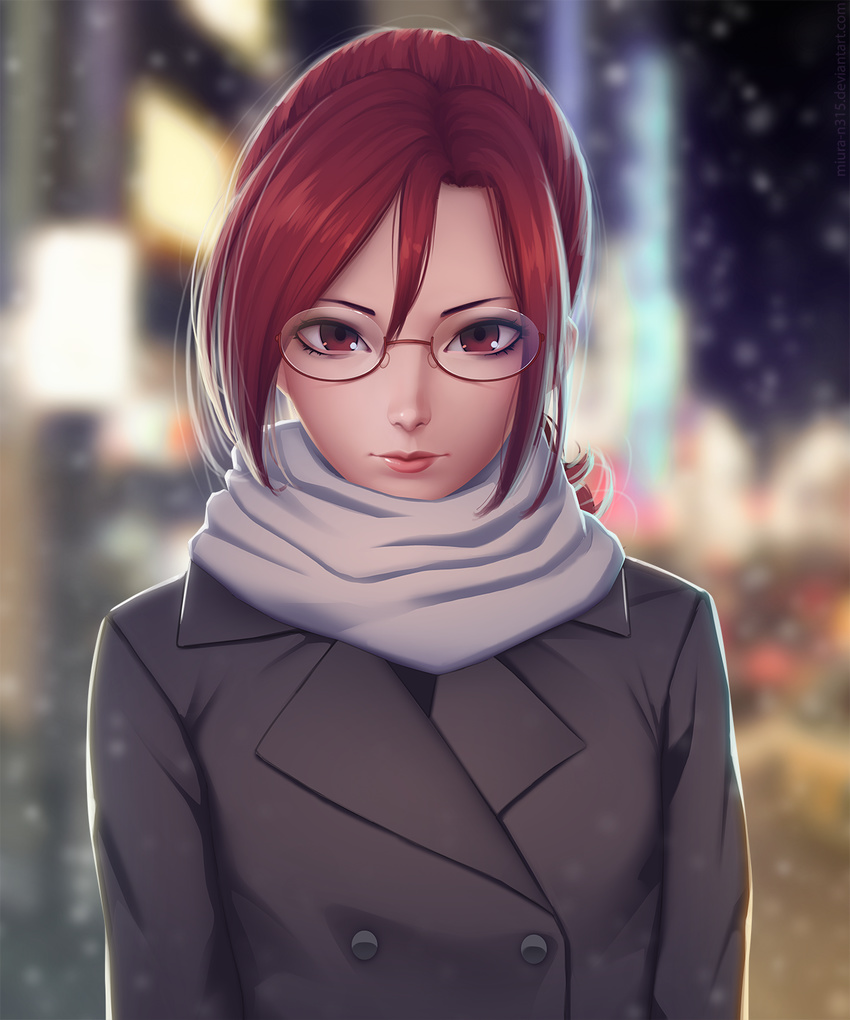 aozaki_touko coat glasses highres kara_no_kyoukai lips looking_at_viewer miura-n315 night red_eyes red_hair scarf semi-rimless_eyewear snow solo town winter