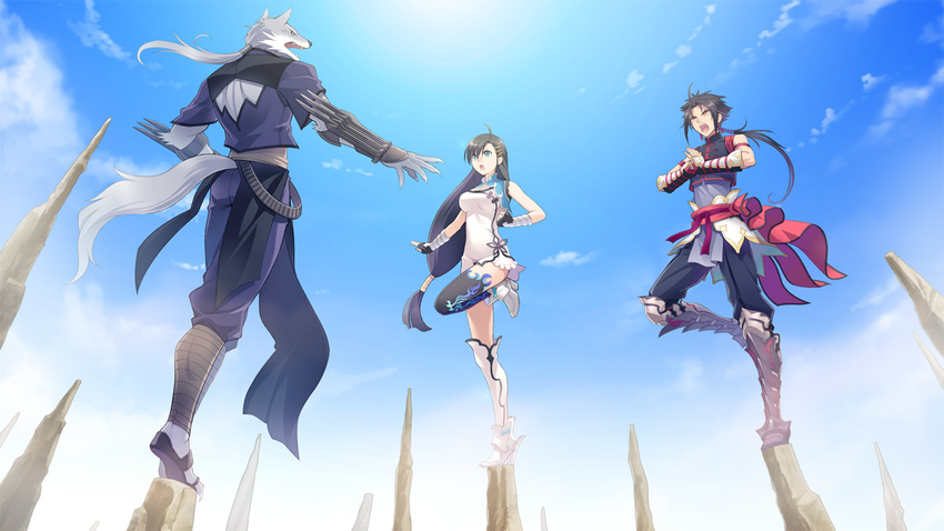 2boys ahoge armor armored_boots asymmetrical_legwear back bandages bare_shoulders belt black_hair black_pants blade_arcus_from_shining blue_eyes boots bracer breasts china_dress chinese_clothes claw_(weapon) claws clenched_hand cloud crop_top day dress fenrir_(shining_blade) fingerless_gloves fingernails flame_print from_below full_body furry game_cg gloves greaves hair_between_eyes hair_ornament hairclip hands_clasped high_heels knee_boots knee_up kneehighs long_hair looking_at_another low-tied_long_hair medium_breasts microdress multiple_boys open_hand open_mouth outdoors outstretched_arm own_hands_together pairon palm-fist_greeting pants ponytail punishment ryuga_(blade_arcus_from_shining) sandals sharp_fingernails shining_(series) shining_blade single_kneehigh single_thighhigh sky standing standing_on_one_leg tail tanaka_takayuki taut_clothes thighhighs weapon yellow_eyes