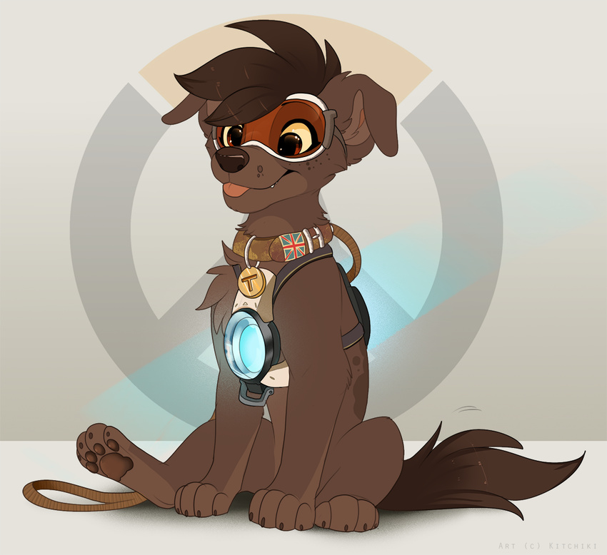 alternate_species brown_eyes brown_fur canine cel_shading collar dog eyewear feral floppy_ears fur furrification goggles hair harness kitchiki leash mammal overwatch simple_background sitting solo tongue tongue_out tracer_(overwatch) union_jack video_games